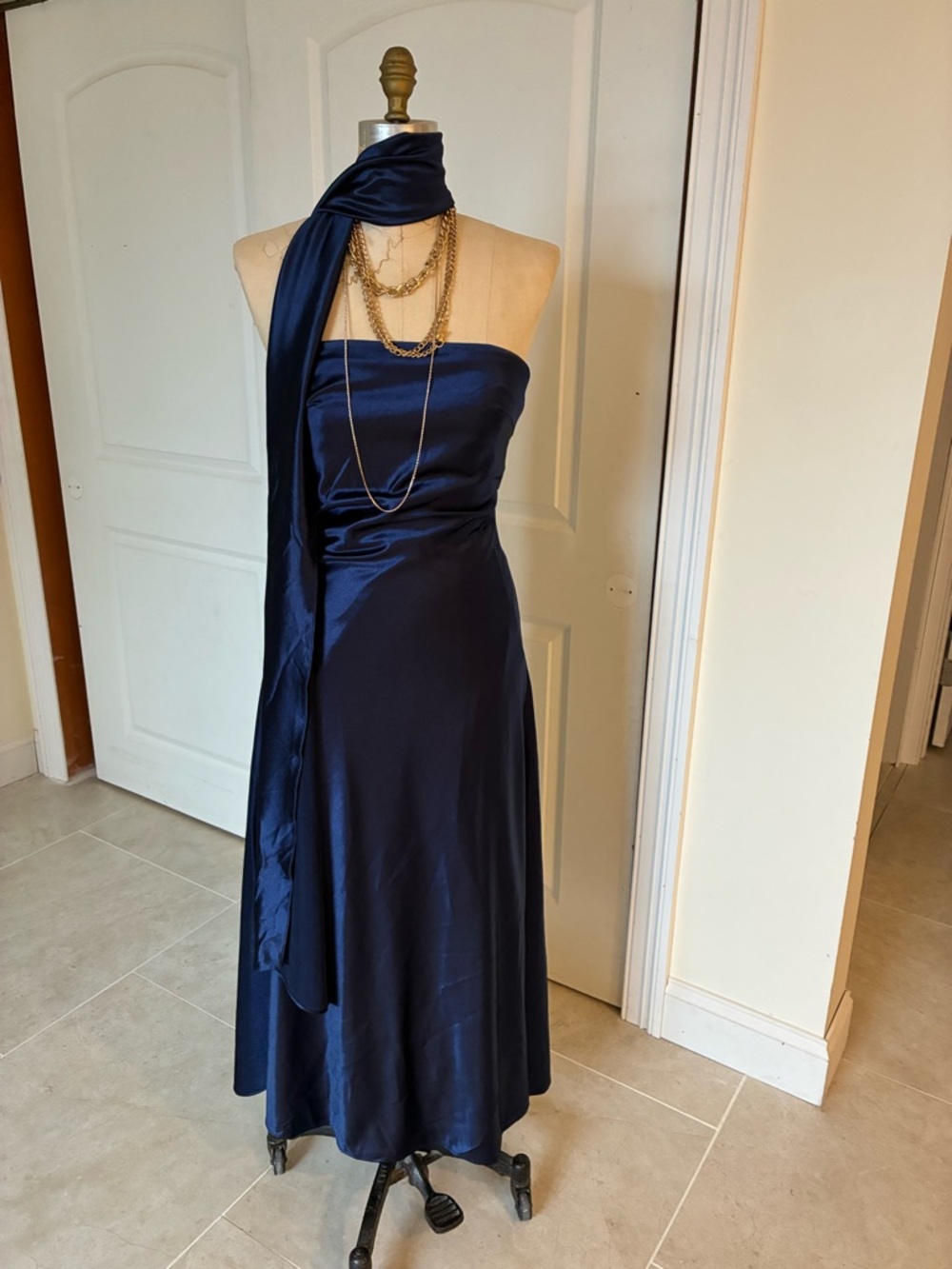 Strapless Navy Satin Evening Dress with Scarf NWT